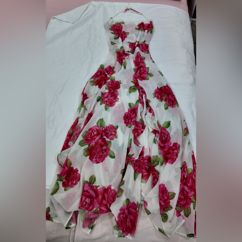 Forever 21 White Floral Halter Maxi Dress with Pink Roses
